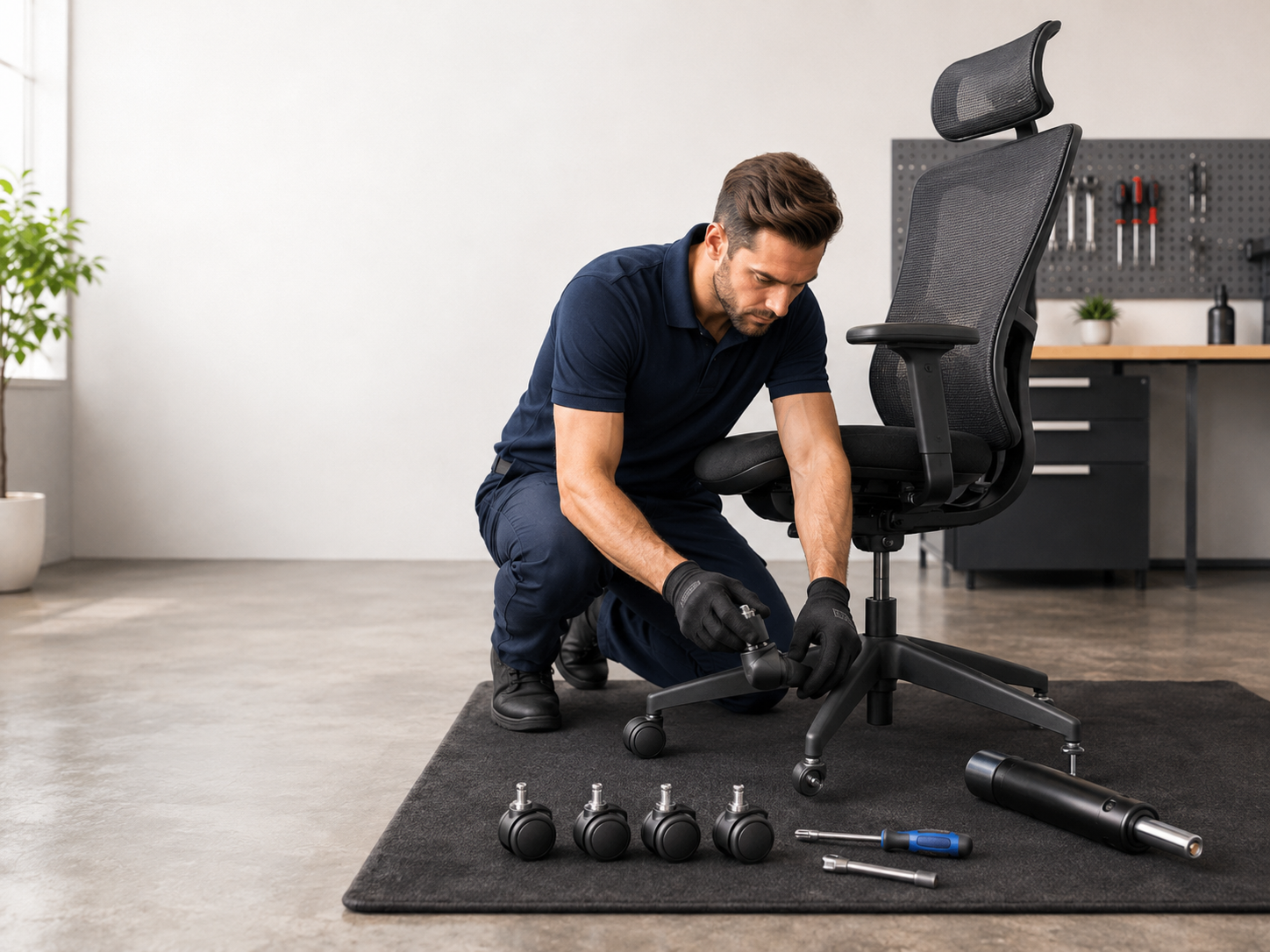 Técnico realizando a troca dos rodízios de uma cadeira